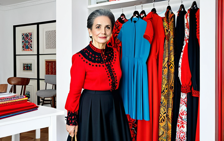 **

A fully clothed professional fashion designer, a mature woman with kind eyes, in her bright and organized studio in Madrid, Spain. She's sketching designs for a new collection inspired by traditional Spanish flamenco dresses, the fabrics around her are vibrant reds, blacks, and golds. She is dressed modestly in a stylish yet comfortable outfit, appropriate attire. Natural light floods the room. Perfect anatomy, correct proportions, well-formed hands, proper finger count, natural pose. safe for work, appropriate content, professional, modest, family-friendly.

**