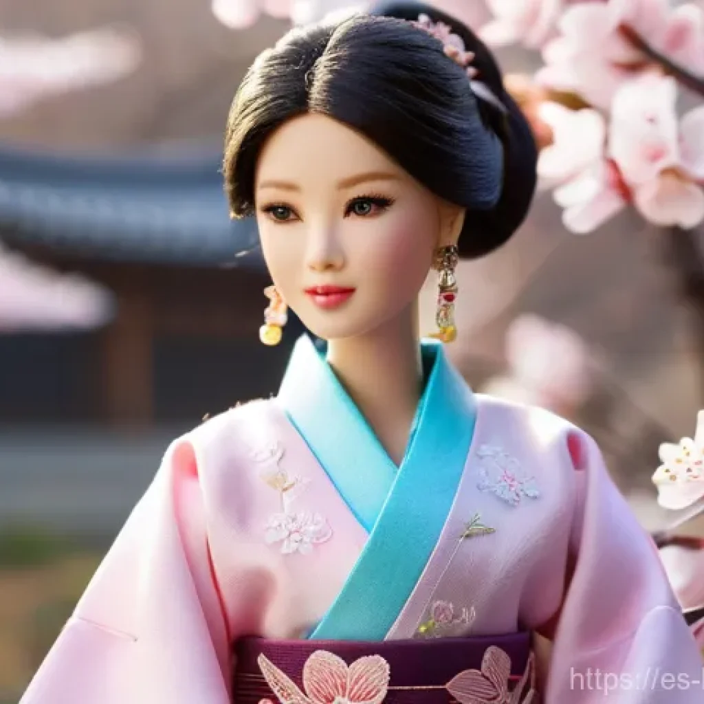 바비인형의 아시아 시장 성공 - **Traditional Elegance:** A hyperrealistic Barbie doll with delicate East Asian features, including ...