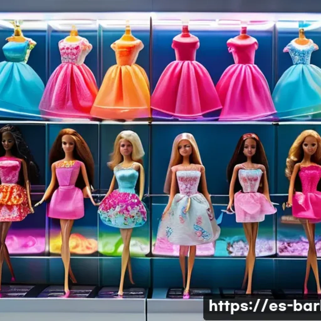 바비인형 보관 시 유의사항 - A neatly organized collector’s display shelf filled with Barbie dolls wearing colorful, detailed out...