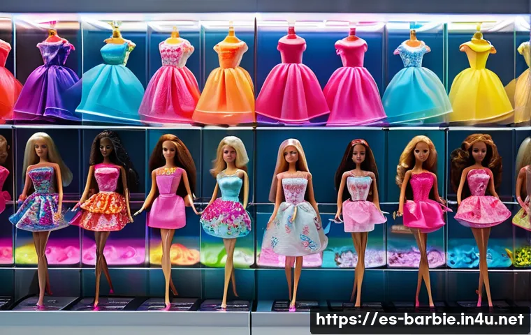 바비인형 보관 시 유의사항 - A neatly organized collector&rsquo;s display shelf filled with Barbie dolls wearing colorful, detailed out...