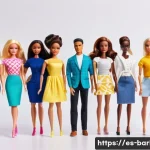 바비와 여성주의 논란 - A diverse group of Barbie dolls standing together in a bright, modern room, showcasing different bod...