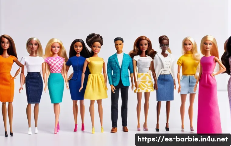 바비와 여성주의 논란 - A diverse group of Barbie dolls standing together in a bright, modern room, showcasing different bod...