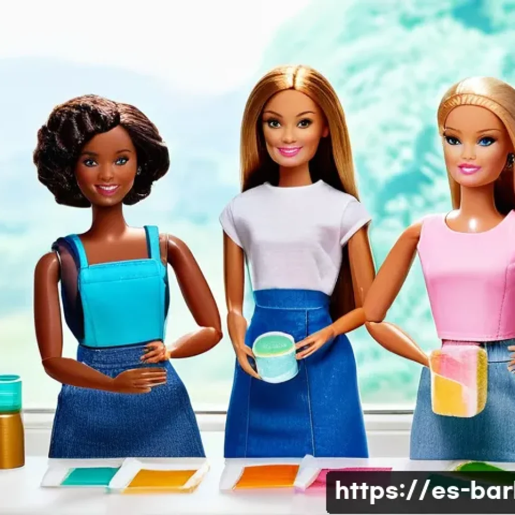 바비인형의 지속 가능성 노력 - A detailed scene of eco-friendly Barbie dolls crafted from recycled plastics, dressed in biodegradab...