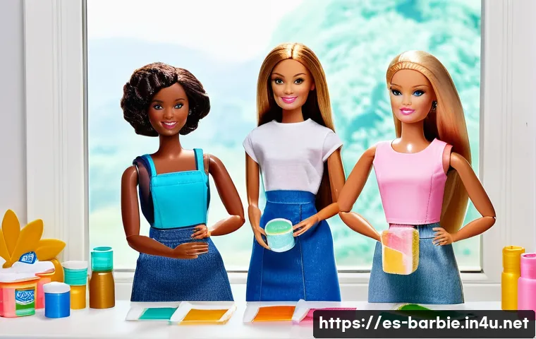 바비인형의 지속 가능성 노력 - A detailed scene of eco-friendly Barbie dolls crafted from recycled plastics, dressed in biodegradab...