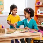 바비인형 놀이 팁 - A vibrant and cozy playroom scene featuring a young Hispanic child wearing colorful clothing and pla...