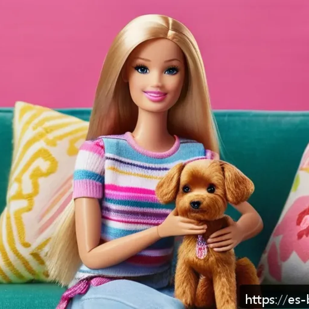 바비와 애완동물 시리즈 - A vibrant scene showing Barbie dressed in stylish, colorful clothes playing joyfully with her realis...