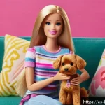 바비와 애완동물 시리즈 - A vibrant scene showing Barbie dressed in stylish, colorful clothes playing joyfully with her realis...