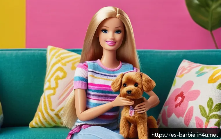 바비와 애완동물 시리즈 - A vibrant scene showing Barbie dressed in stylish, colorful clothes playing joyfully with her realis...